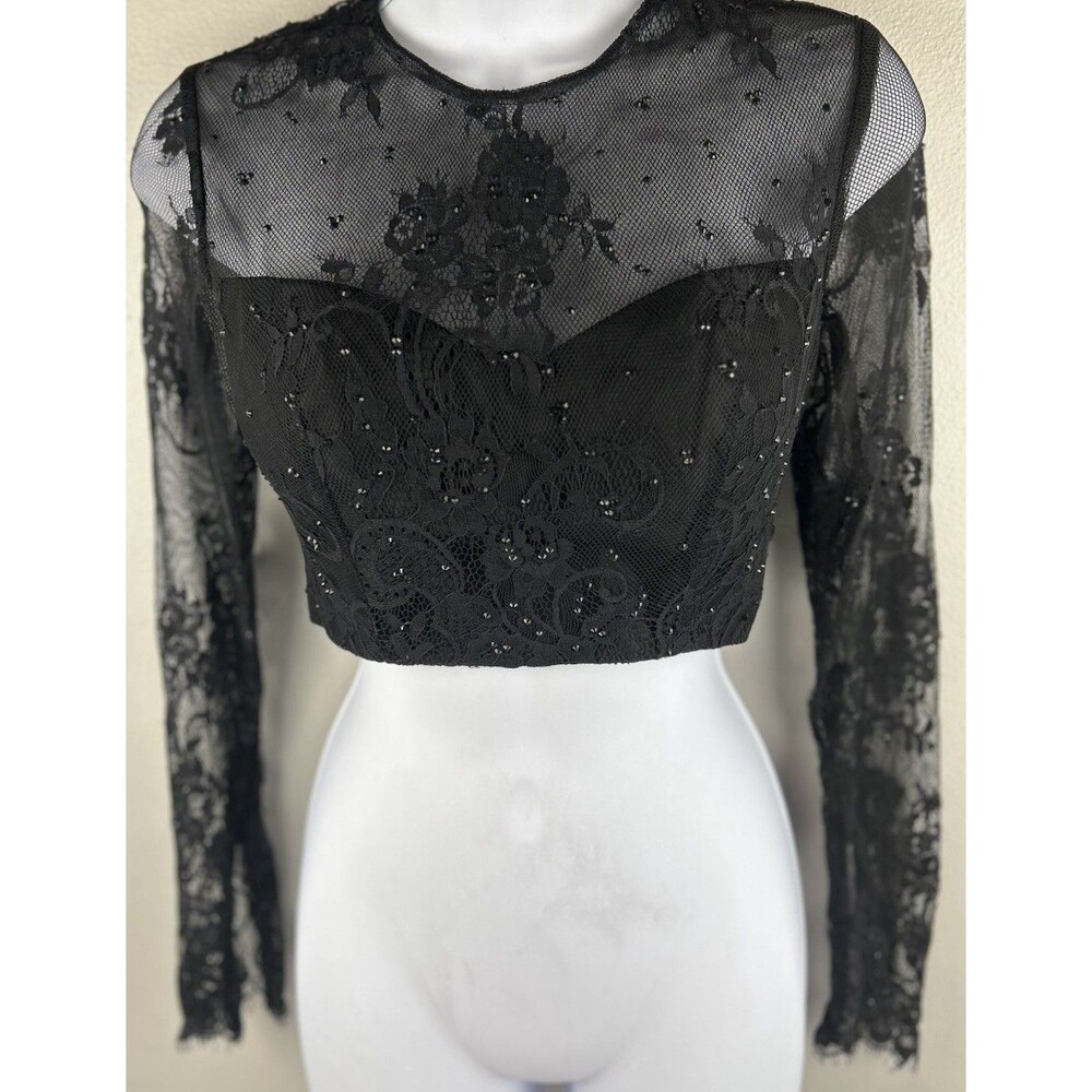 Sherri Hill Long Sleeve Black lace And black Rhinestone Crop Top Womens Size 2